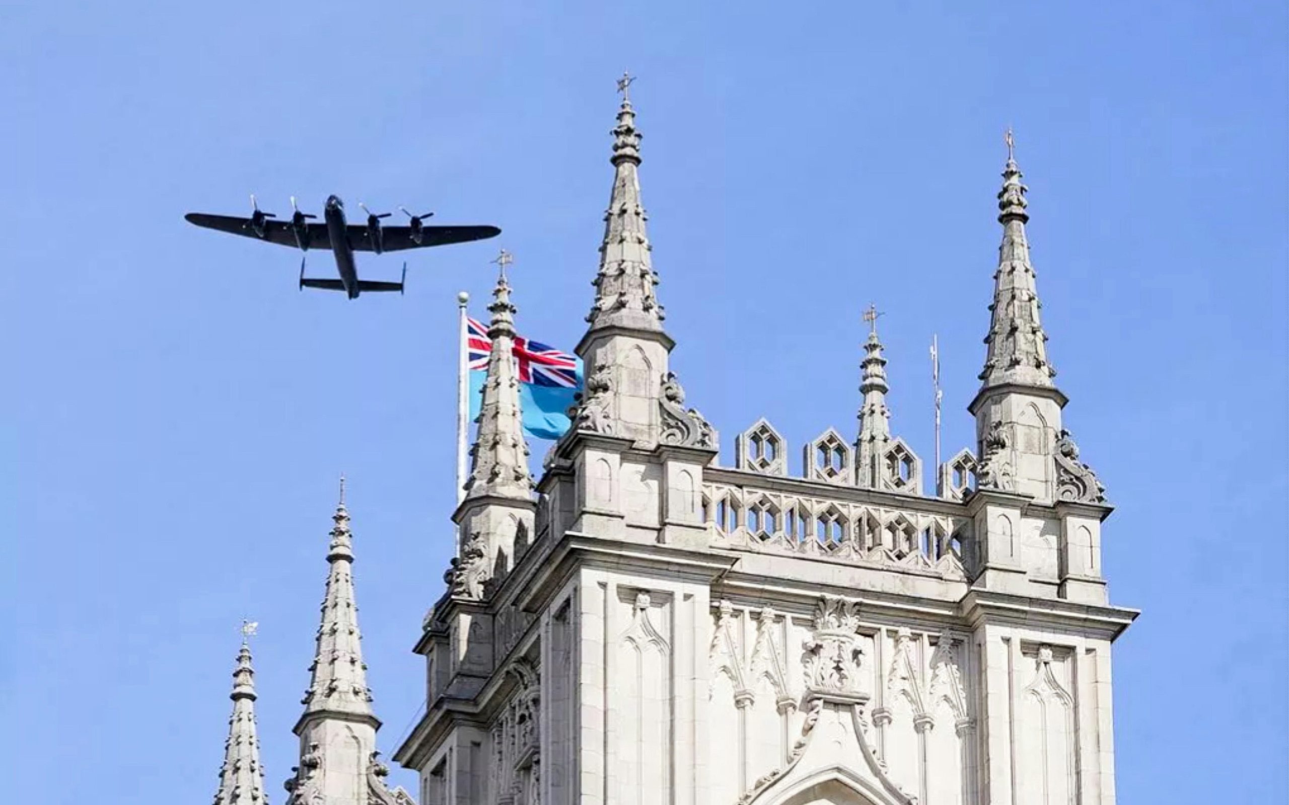 The Battle of Britain Memorial Flight Marks 85th Anniversary of the Battle of Britain 13 BBMF Lancaster PA474 over Westminster Abbey on Sunday 21st September 2025. Photo Crown copyright scaled