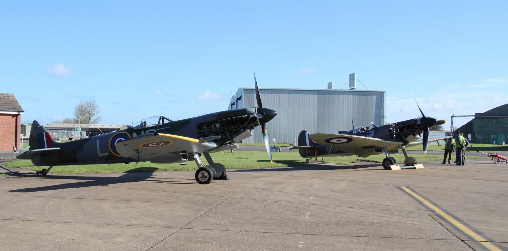 Battle of Britain Memorial Flight Aircraft Emerge from Winter Maintenance 11 BBMF Spitfires Mk XVI TE311 and IIa P7350 outside the hangar in the sunshine for engine ground runs on 26th February. Photo Clive Rowley