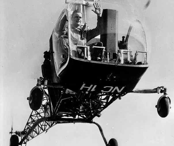 Today in Aviation History: First Flight of a Commercially Certified Helicopter 12 Bell Aircraft Corp. test pilot Floyd W. Carlson demonstrates the stability of the Model 47 by taking his hands off of the flight controls during a hover. Bell Helicopter