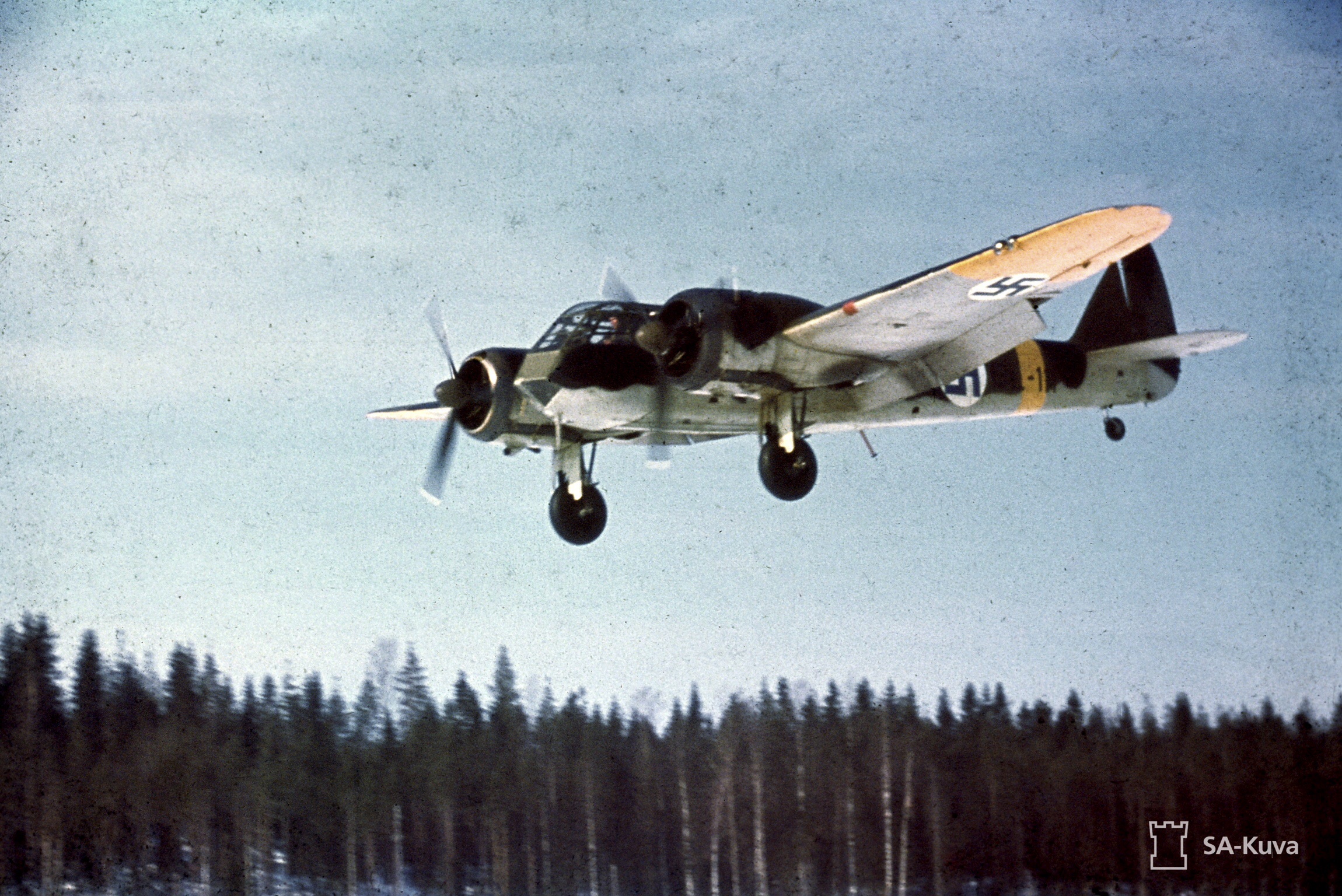 The Bristol Blenheim Flies! 13 A rare color image of a Finnish Air Force Blenheim Mk.I coming in for a landing on Luonetjärvi Airfield, March 1944. (photo via Wikipedia)