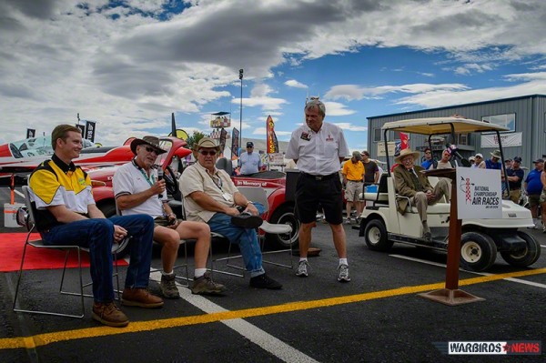Reno Air Races: Day Two 15 RARA’s Mike Houghton, hosts a panel discussion featuring the legendary Bob Hoover, Matt Jackson, Tiger Destefani and Steve Hinton (Image Credit: Moose Peterson)