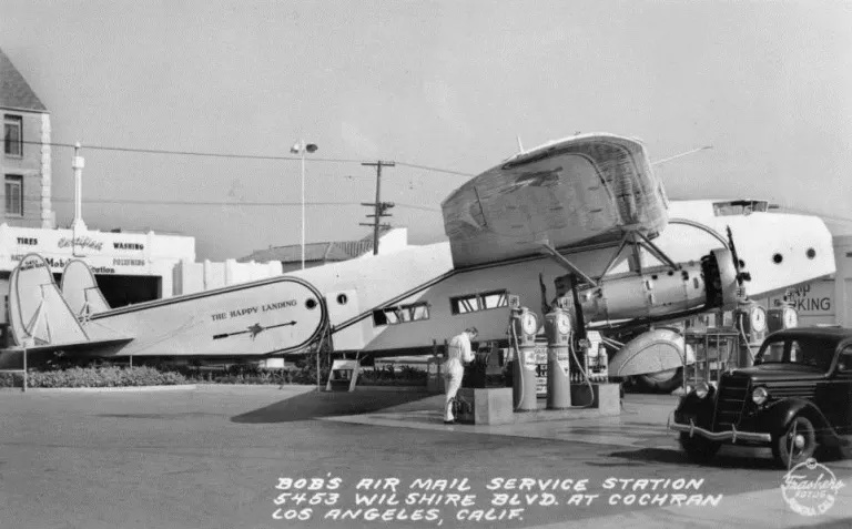 A Stroke of Marketing Genius: Local Businesses, Vintage Aircraft, And Their Unusual Association 31 Bobs airmail service gas station 5453 Wilshire Boulevard 1