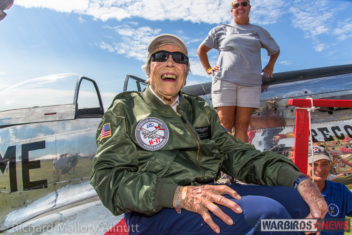 EAA AirVenture Oshkosh 2016 Photos, Final Facts and Figures 11 At 99, former WASP Dawn Seymour grins from ear to ear after a flight with Cowden Ward in his P-51D Mustang, Pecos Bill. (photo by Richard Mallory Allnutt)