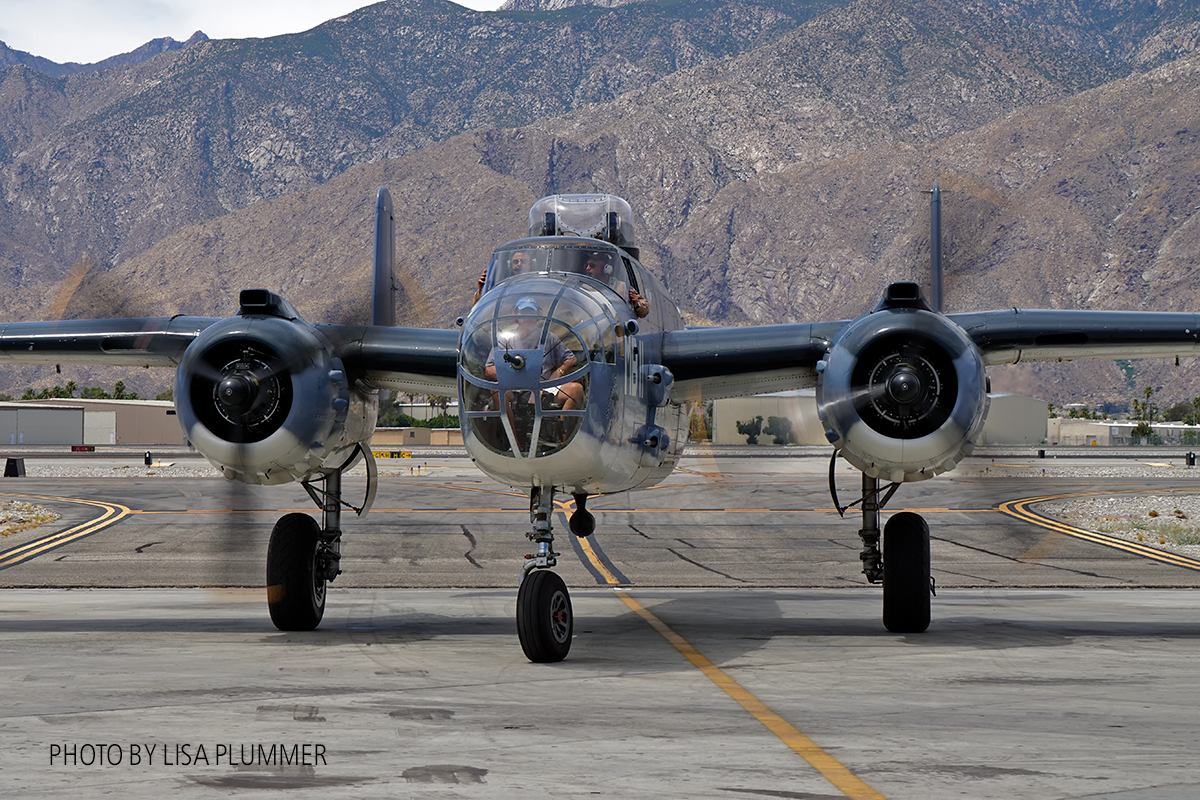 Palm Springs Air Museum Flying High in 2017 13 CAF SoCal Wings PBJ B-25 returning from living history demonstration flight. ( Photo by Lisa Plummer)