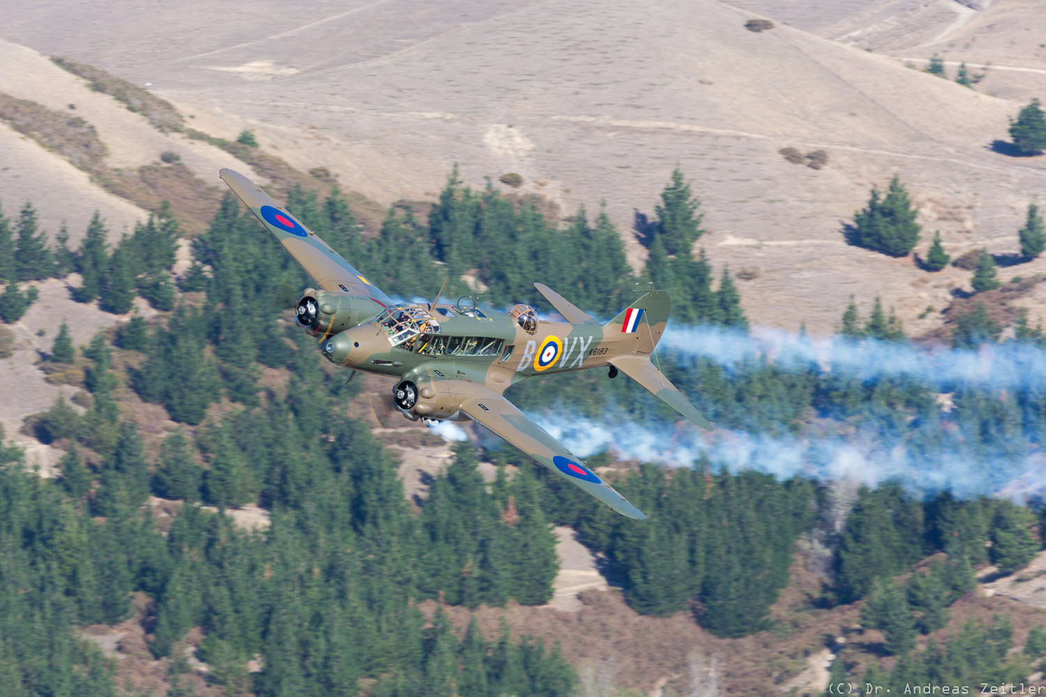 Outstanding Omaka! 22 The Anson streaming fake smoke from its engines during its display. (photo by Anders Zeitler)