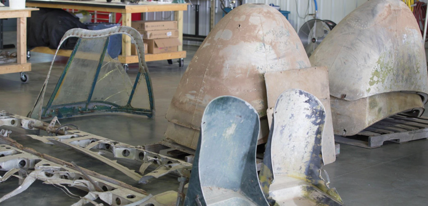 Cadet Air Corps Museum AT-10 Restoration Project 15 From left, we have elevators, windscreen frame, seats, and what Beech called “demountable nose assemblies.”