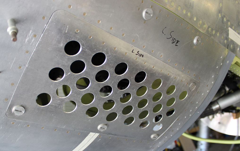 XP-82 Twin Mustang - April 2016 - Restoration Update 16 Forward cowling and carburetor filtered air intake with temporary Dzus fasteners (1 of 4). (photo via Tom Reilly)