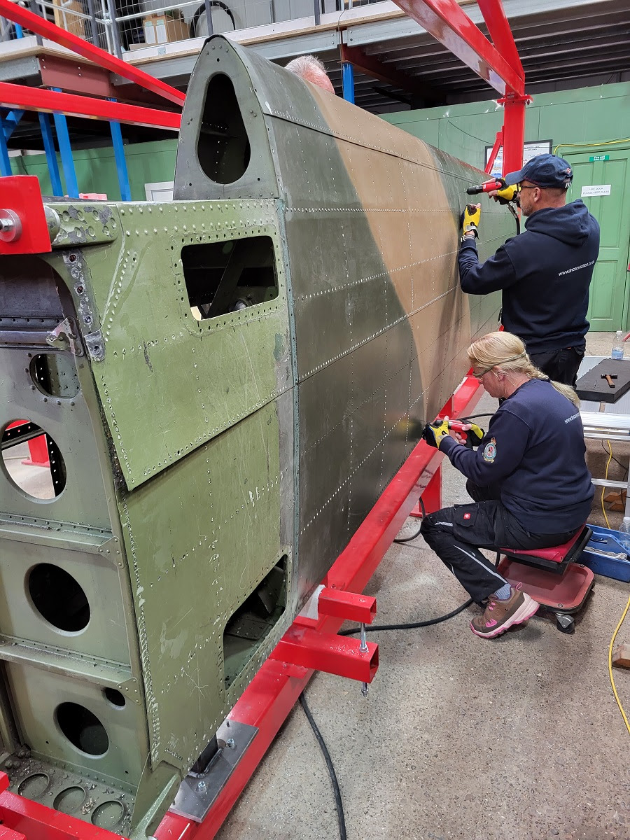 Avro Lancaster B.VII NX611 ‘Just Jane’ – Restoration Update 247 12 Chris Jodie and Gerald drilling out rivets on the port and starboard tailplanes