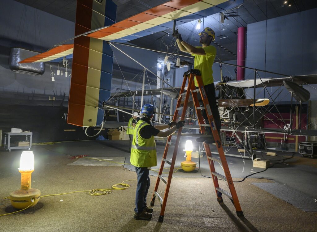 National Air and Space Museum Prepares For Opening of New WWI Gallery 19 Contractors disconnect wires and disassemble the Voisin Type 8 aircraft in the WWI gallery June 13 2019. Smithsonian photo by Jim Preston
