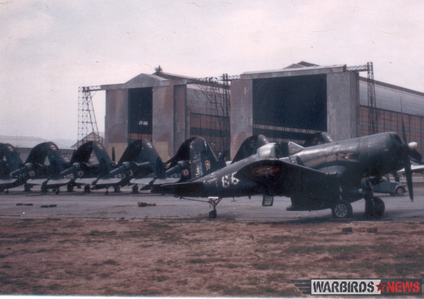 POOR LITTLE LAMBS - The Corsairs of Baa Baa Blacksheep 19 Tired Aeronavale F4U-7 Corsairs in storage in France. (photo via Stephen Chapis)