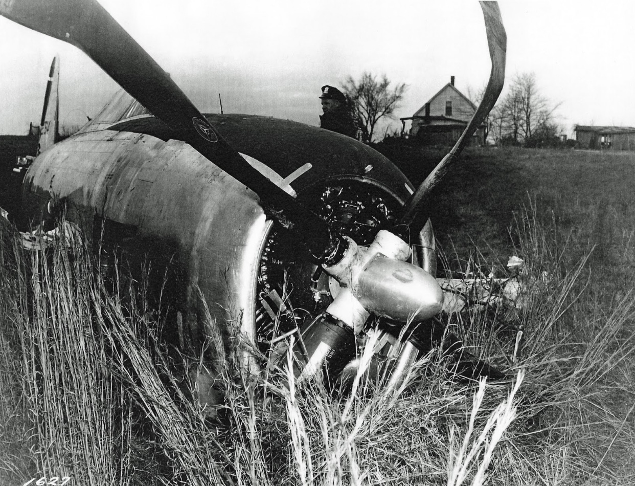 Texas Flying Legends' Razorback P-47D - A History 12 Evansville Thunderbolt crash, possibly 42-27614. Republic Aviation photo salvaged post war from empty factory floor by Harold Morgan’s father. (photo courtesy Harold Morgan)