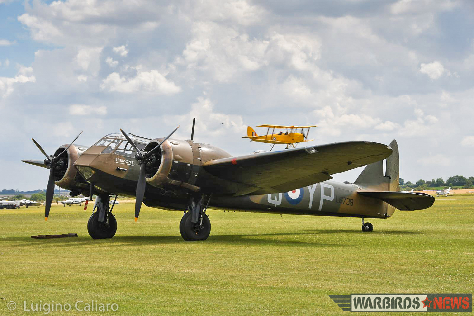 Flying Legends 2017 - Air Show Report 14 ARCo's superlative recreation of a Battle of Britain-era Bristol Blenheim Mk.I fighter. The airframe is based on a Canadian-built version of the Blenheim Mk.IV (known as a Bolingbroke), and the forward fuselage of Blenheim Mk.I L6739. A Tigermoth is seen landing in the background. (photo by Luigino Caliaro)