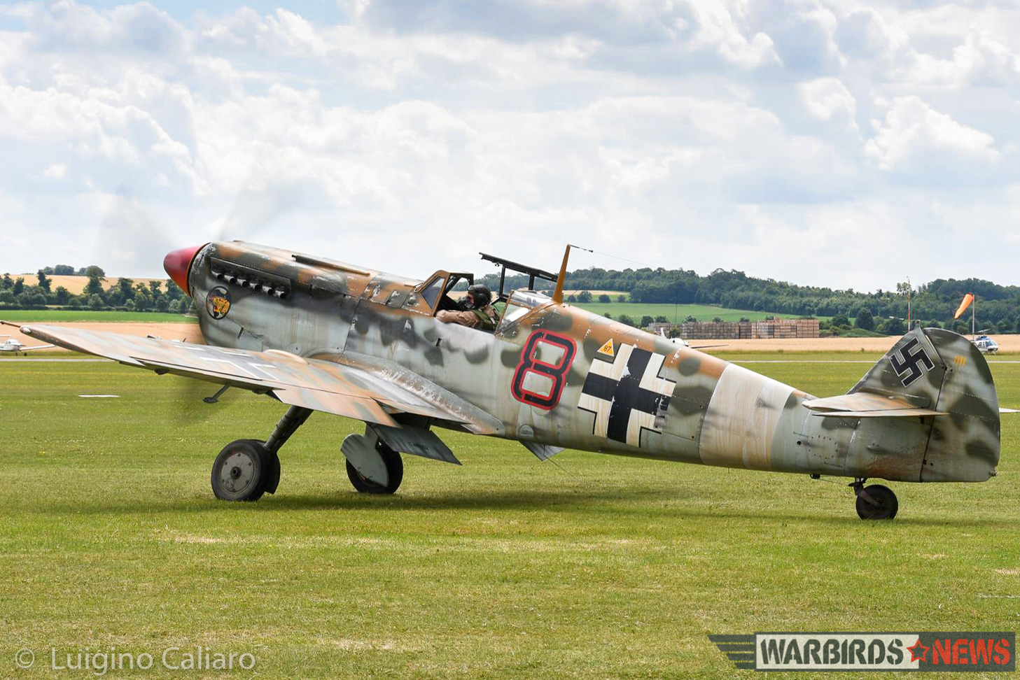 Flying Legends 2017 - Air Show Report 33 ARCo's Hispano Buchon mocked up in desert cammo as a JG27 Bf 109E. The paint is water soluble. (photo by Luigino Caliaro) (photo by Luigino Caliaro)