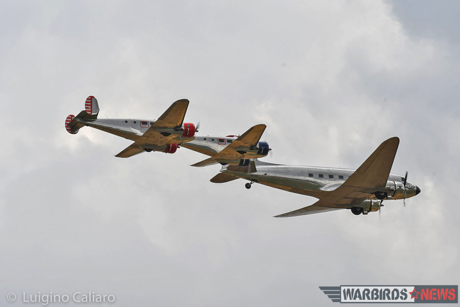 Flying Legends 2017 - Air Show Report 17 The Swissair DC-3 flies in tight formation with a pair of similarly-polished Beech Model 18s. (photo by Luigino Caliaro)