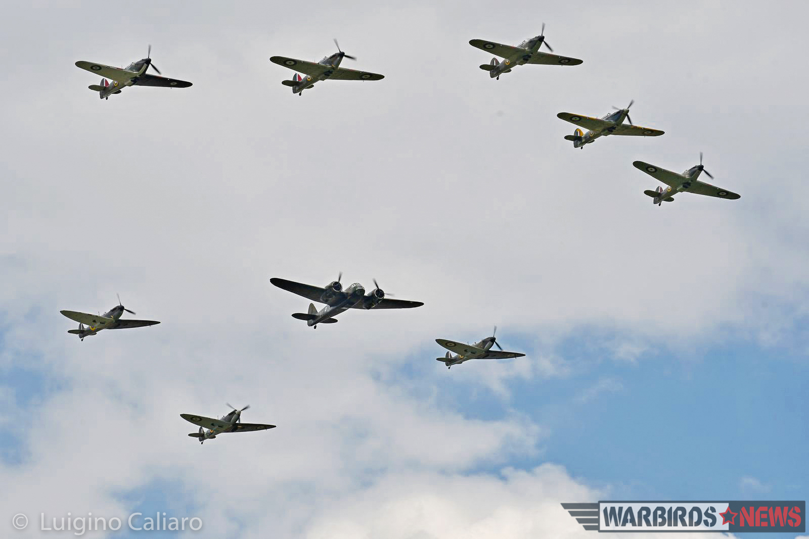 Flying Legends 2017 - Air Show Report 29 The Battle of Britain flypast, with FIVE Hawker Hurricanes, three Spitfire Mk.Is and a Blenheim Mk.I. A truly staggering sight unimaginable even just a few years ago. (photo by Luigino Caliaro)