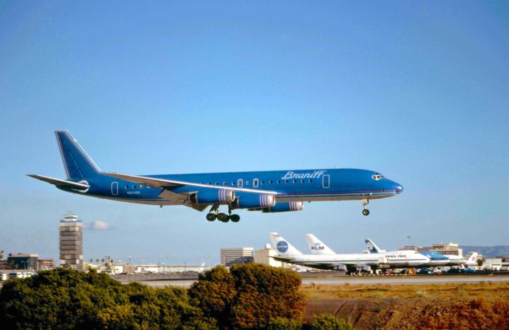 NASA's DC-8 Completes Final Flight 11 DC 8 N801BN landing at LAX August 1980 Photo by Ron Monroe Braniff International Heritage Archives