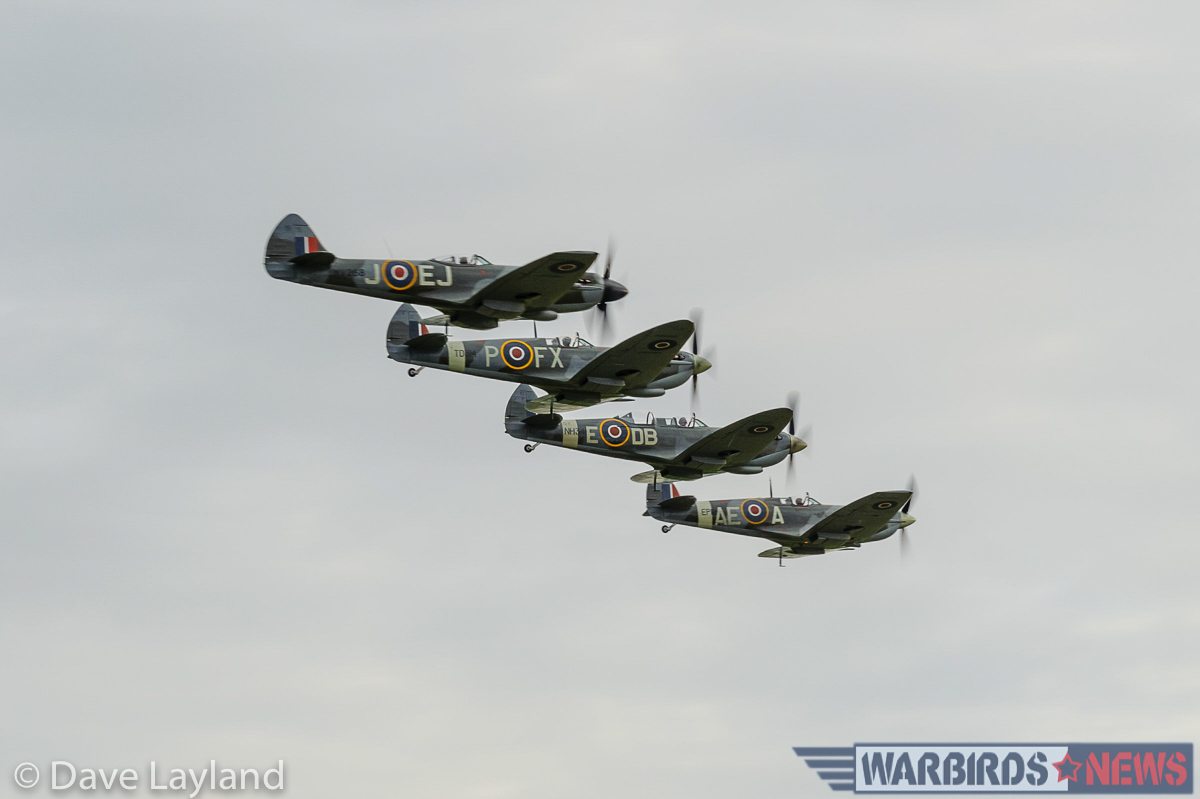 Duxford - Battle of Britain Air Show Report 37 Four Spitfires in close formation. No less than thirteen Spitfires flew during the air show! (photo by Dave Layland)