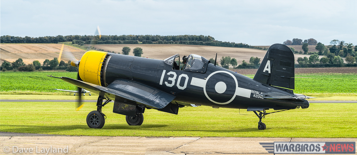 Duxford - Battle of Britain Air Show Report 41 The Fighter Collections FG-1D Corsair taxies out for take off. The aircraft is marked to represent a Corsair IV of the Royal Navy's Fleet Air Arm. The real KD345 flew with 1850 Squadron aboard HMS Vengeance, though never saw combat. (photo by Dave Layland)
