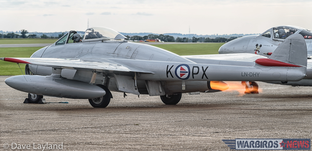 Duxford - Battle of Britain Air Show Report 31 A Vampire from the Norwegian Air Force Historical Squadron "wet" starts. (photo by Dave Layland)