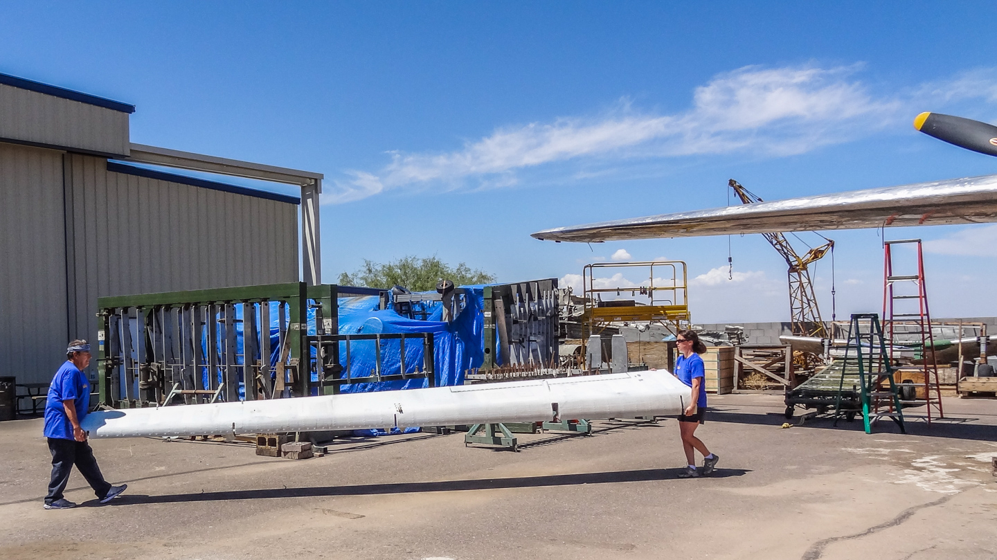 Privateer Airborne 29 One of the Privateer's massive ailerons coming off for restoration. (GossHawk Unlimited photo)