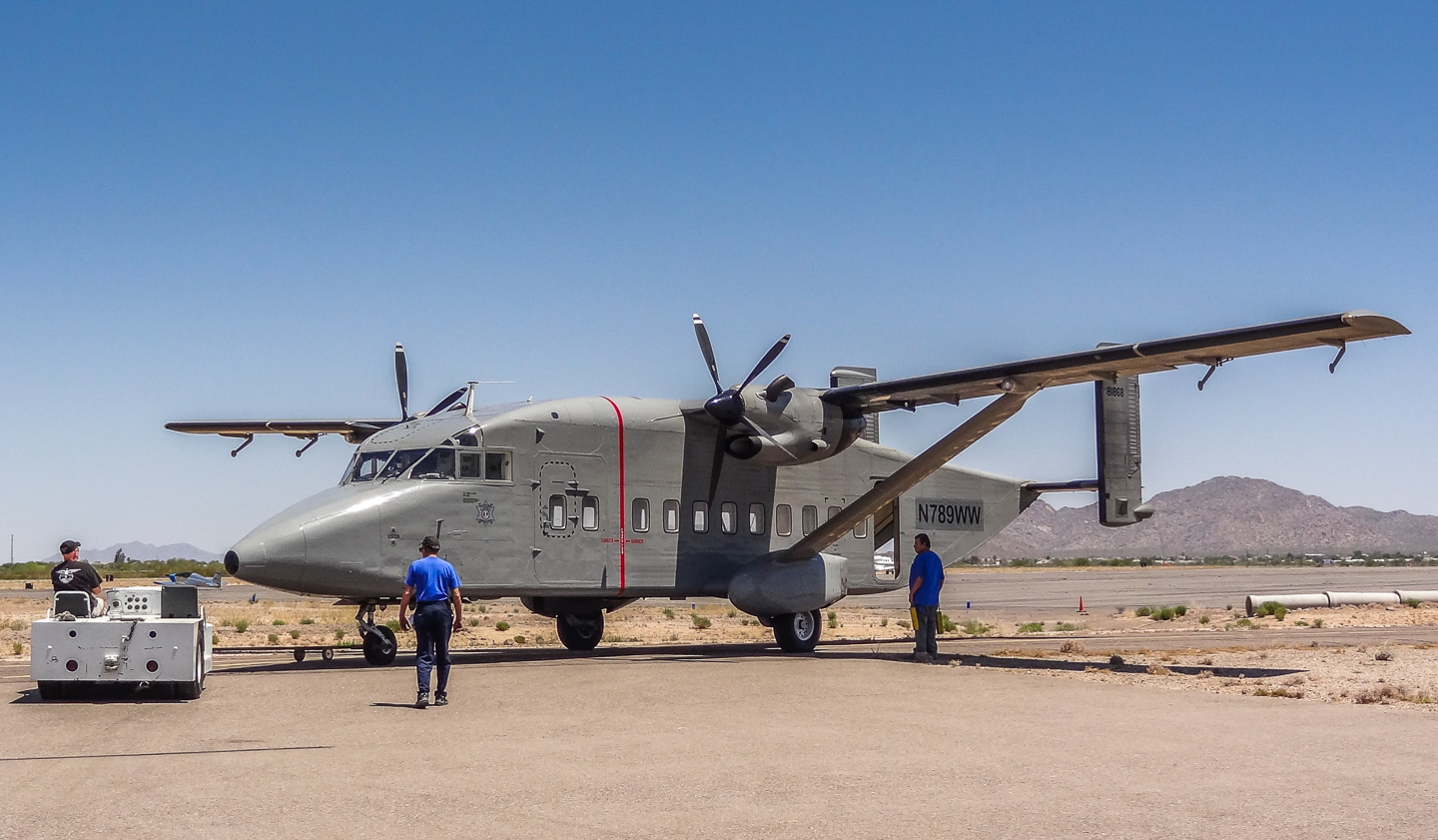 FW-190 First Flight At GossHawk Unlimited!!! 91 A Shorts C-23B Sherpa arriving in Casa Grande, Arizona for maintenance at GossHawk Unlimited. The aircraft are on the US civil registry, but used in Special Forces training. (photo via Lindsey Goss)