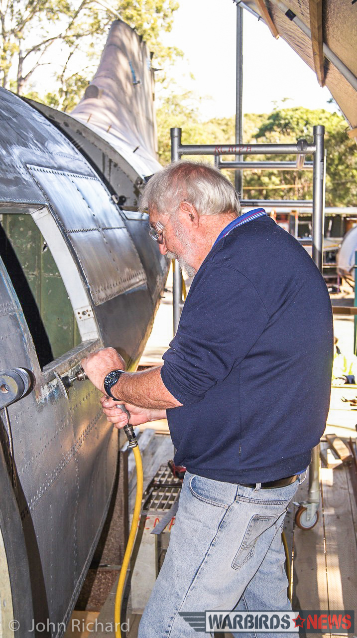 Rathmines Catalina Restoration Update - June, 2017 17 Volunteer Ray Fairall preparing for refitting of fuselage panelling, port side. (photo by John Richard)