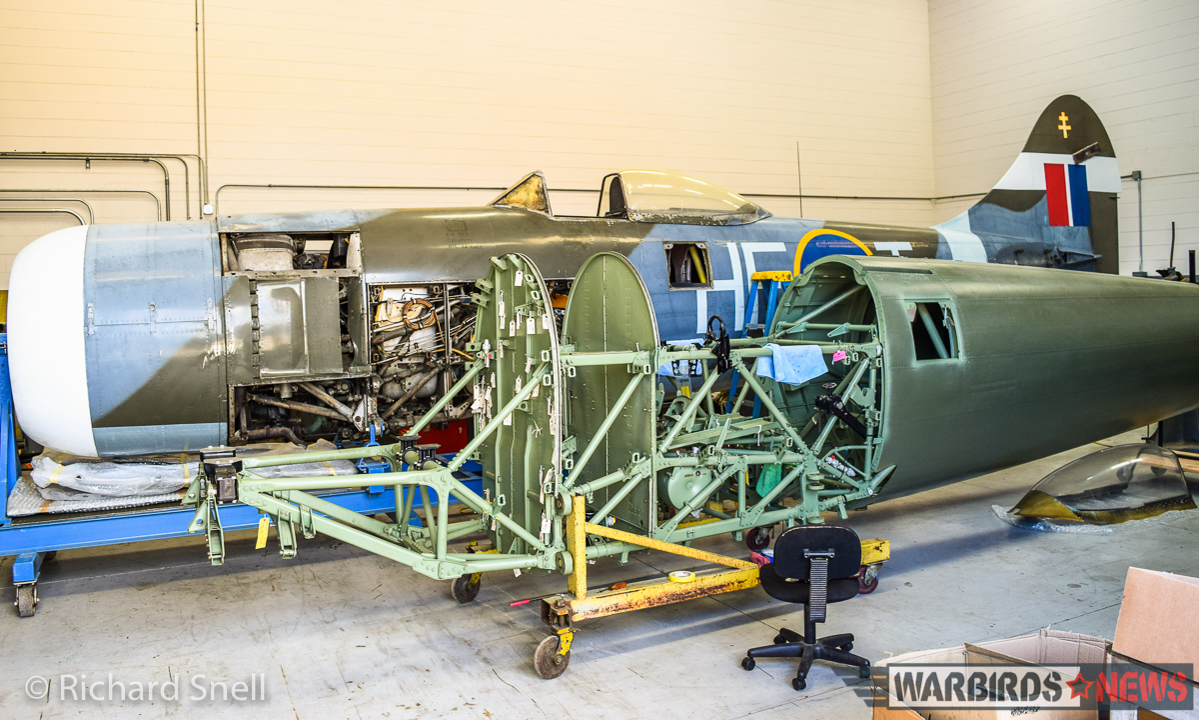 Tempest Fugit - The Resurrection of Two of Hawkers’ Finest Fighters 10 Kermit Weeks two Tempests. The Tempest Mk.V EJ693 is the closer fuselage, while Tempest II prototype LA607 sits behind. Both aircraft are currently under restoration to fly in Polk City, Florida. (photo by Richard Snell)