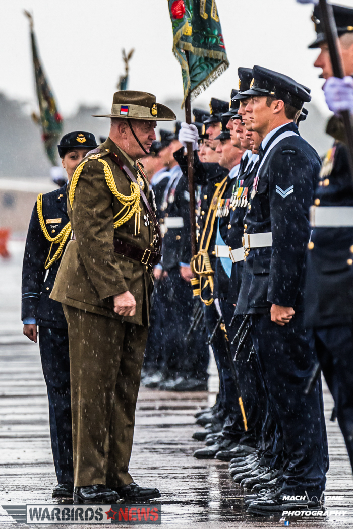 Australia’s Centenary Squadrons – A Celebration of 100 Years Defending The Country 11 His Excellency General the Honourable Sir Peter Cosgrove AK, MC (Ret'd), Governor-General of the Commonwealth of Australia, talking to an airman from 3 Squadron while inspecting the parade. (Photo by Matt Savage/Mach One Photography)