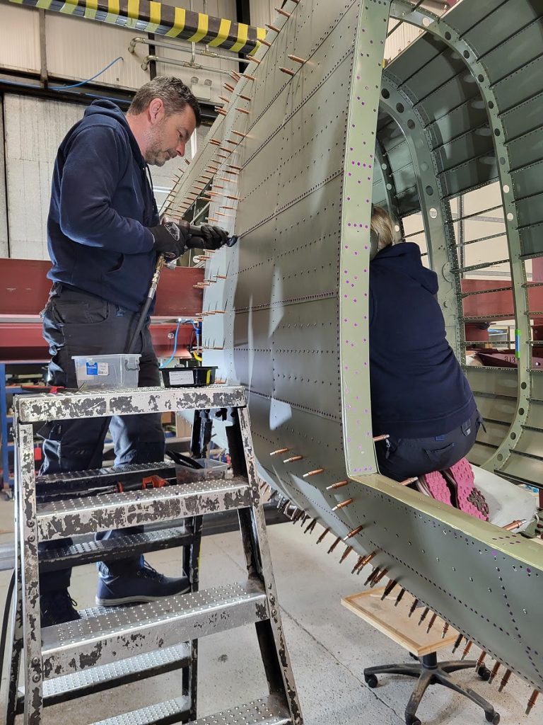 Avro Lancaster B.VII NX611 ‘Just Jane’ – Restoration Update 243 and 244 13 Dave and Jodie progressing the riveting