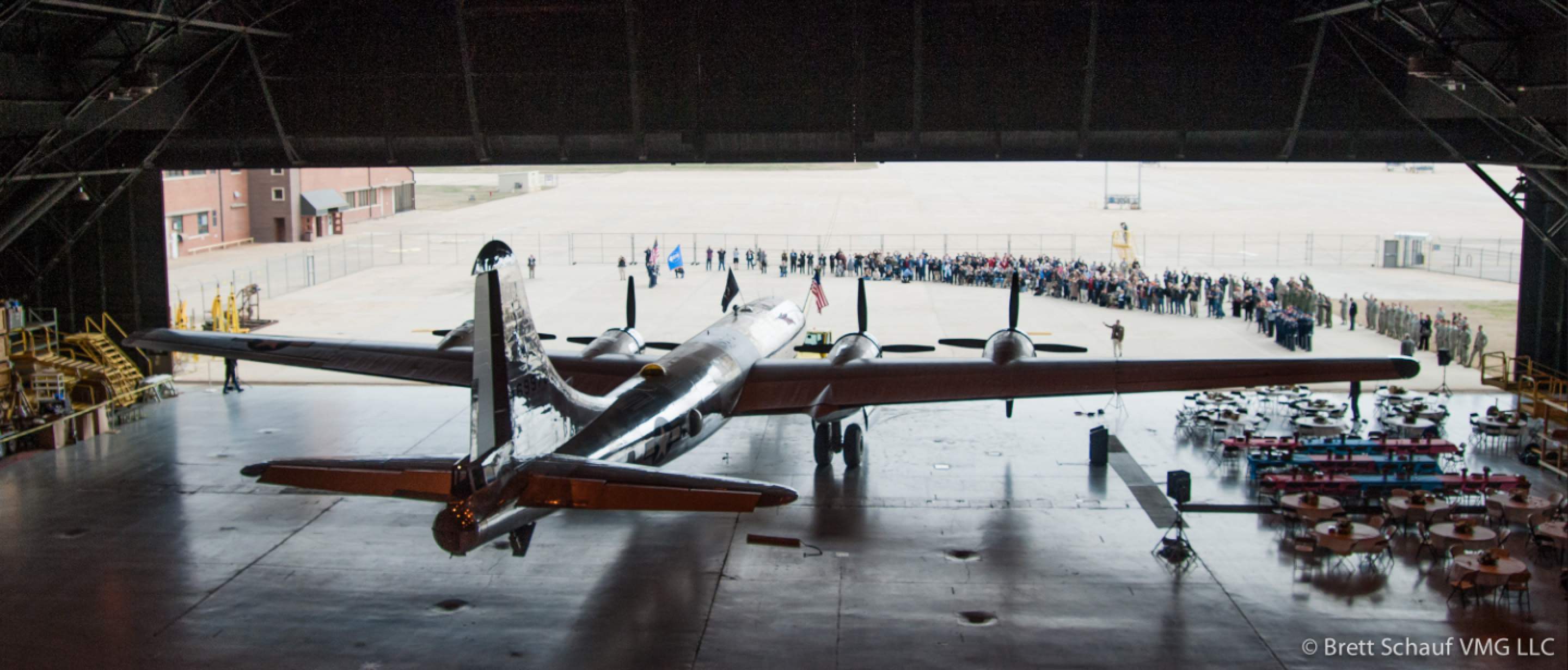 Boeing B-29 Superfortress 'Doc' Welcomed Out in Wichita 10 Doc emerging from the hangar. (photo by Brett Schauf VLG LLC)
