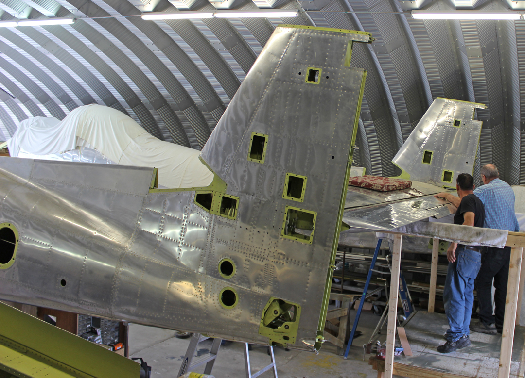 XP-82 Twin Mustang - May, 2015 - Restoration Update 16 Installing the elevator. (photo via Tom Reilly)