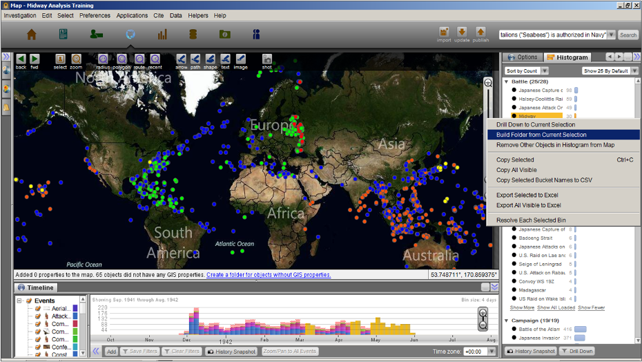 CAF Dixie Wing Features Unique Veteran Locating Service at WWII Heritage Days 12 Map showing ~2,200 events from Dec. 1941 - May 31st, 1942 with the Battle of Midway related events selected (in yellow on the Map) and the Histogram dialog box offering additional analysis options.