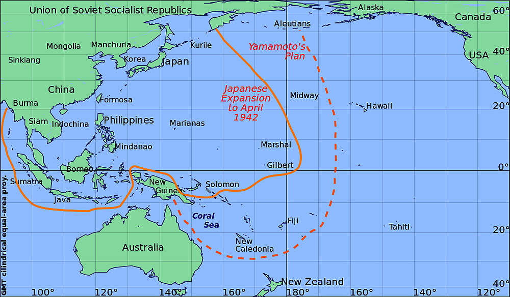 Ghosts of Pearl Harbor: Saving the Crossroads to Marine Aviation in the Pacific Theater 20 A map showing Japan's control over the Pacific leading into the Battle of Midway. Had they prevailed, Japan could have controlled further eastward (to the dashed line). The U.S. victor at Midway, kept the eastern Pacific under Allied control and shielded the Hawaiian Islands from further attack.