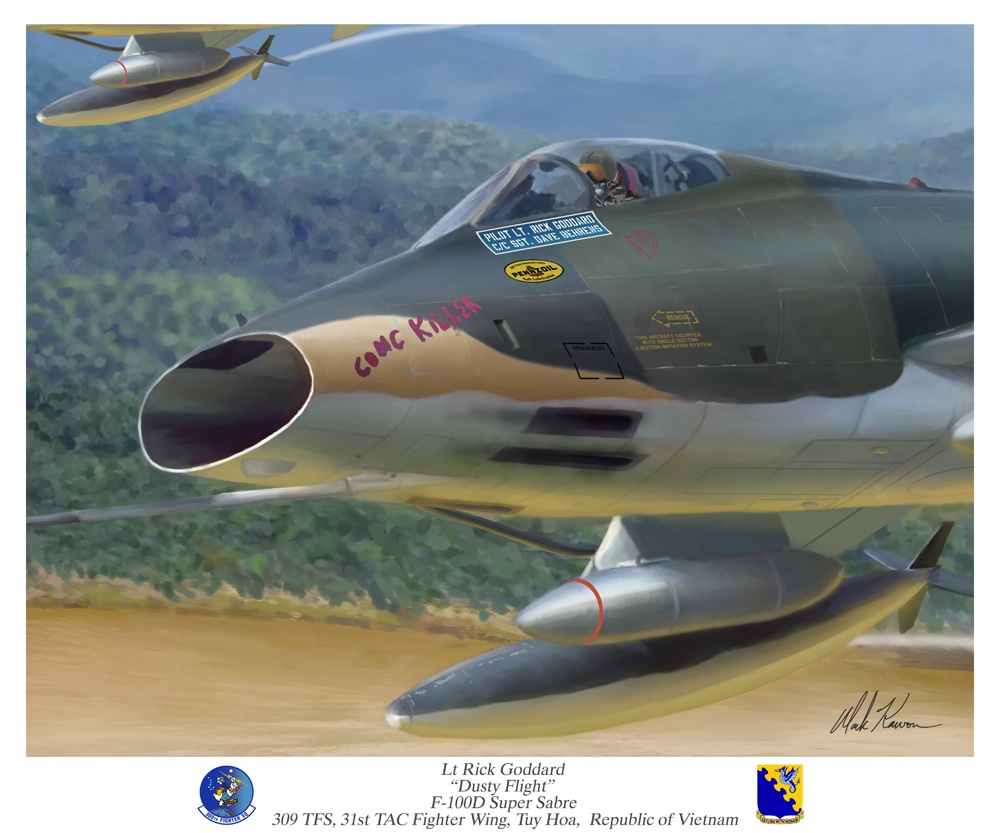 Combat Veteran F-100D Super Sabre Restoration 12 The painting of Gen.Goddard in his Super Sabre by Mark Karvon, which was indirectly the inspiration behind Goddard endeavoring to preserve his old wartime mount for future generations.