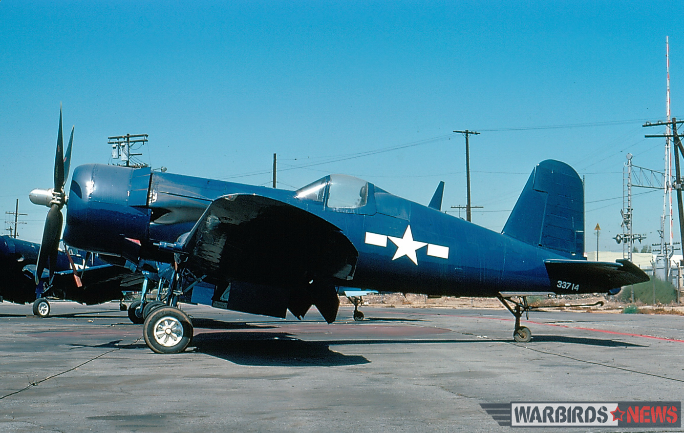 POOR LITTLE LAMBS - The Corsairs of Baa Baa Blacksheep 55 F4U-7 Bu.133710 in her Baa Baa Black Sheep markings at Van Nuys air port on August 11th, 1976. (photo via John Kerr)