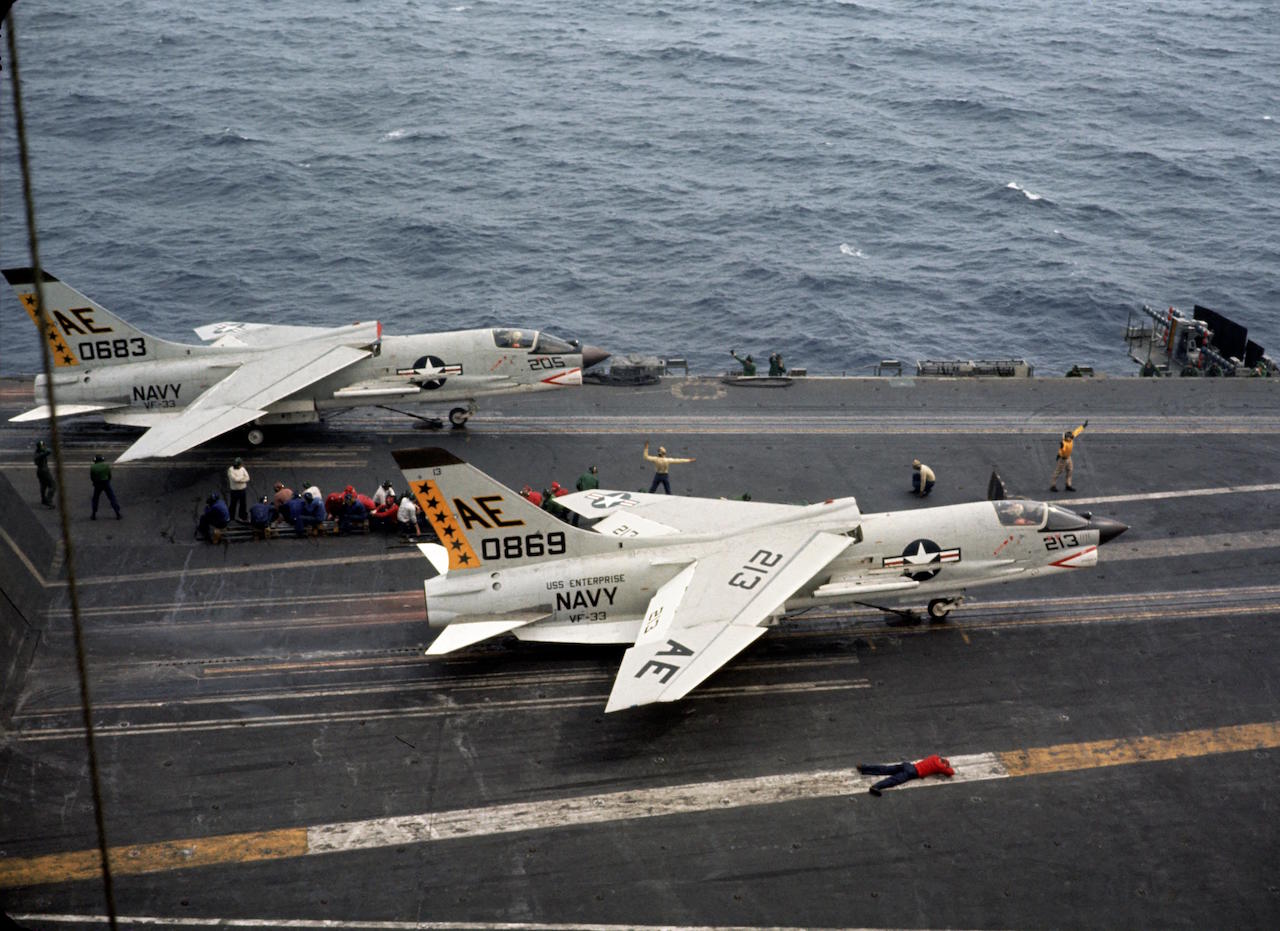 A VETERAN' STORY: A Progeny of Aviators 16 VF-33 F-8Es on the USS Enterprise . (Photo via Wikipedia)