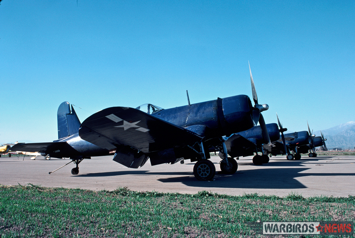 POOR LITTLE LAMBS - The Corsairs of Baa Baa Blacksheep 29 FG-1D Bu.92132 at Chino in her movie paint, February, 1977. (photo by Frank Mormillo)