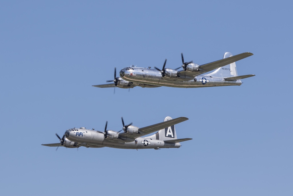 Today in Aviation History: First Combat Mission of the Boeing B-29 Superfortress 14 FIFI and Doc formation 2017 by Laurie Goossens