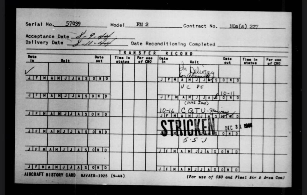 Lake Michigan FM-2 Wildcat Nearing Completion at The Kalamazoo Air Zoo 11 FM 2 57039 s official USN record card National Naval Aviation Museum