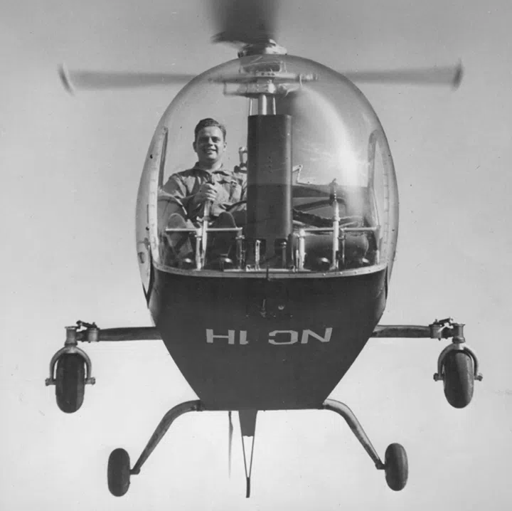 Today in Aviation History: First Flight of a Commercially Certified Helicopter 13 Floyd Carlson chief Test Pilot for the Bell Aircraft Corporation hovers the worlds first civil certified helicopter NC1H Serial Number One. Niagara Aerospace Museum