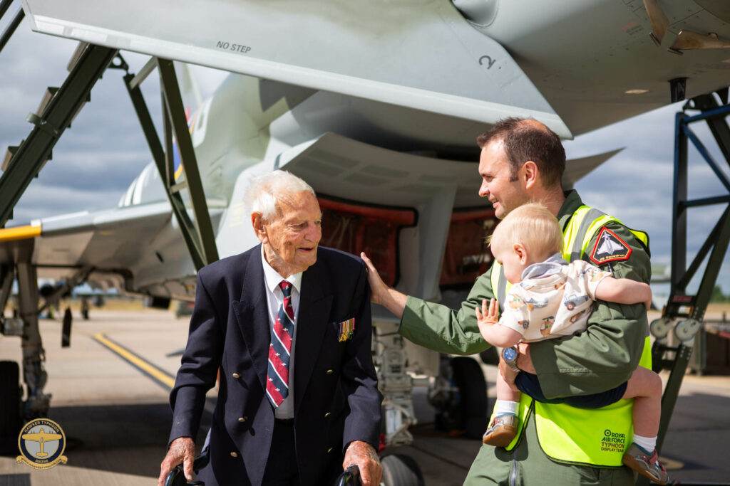 Typhoon Pilot Meets Typhoon Pilot 11 Flt Lt Dave Leighton with his own son Eddie the following day at Coningsby having come back in on his day off to see Bernard once again.