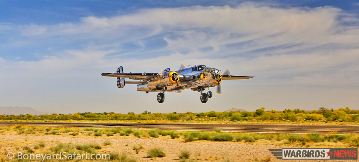 Columbine II - Homeward Flight Update - 21 March, 2016 16 The Mid America Flight Museum's B-25J takes off to join the convoy bound for Mount Pleasant, Texas. On board is renowned aviation photographer, Tyson Rininger, who has taken some doubtlessly marvelous images from the tail gun and waste positions! (photo with permission from BoneyardSafari.com)
