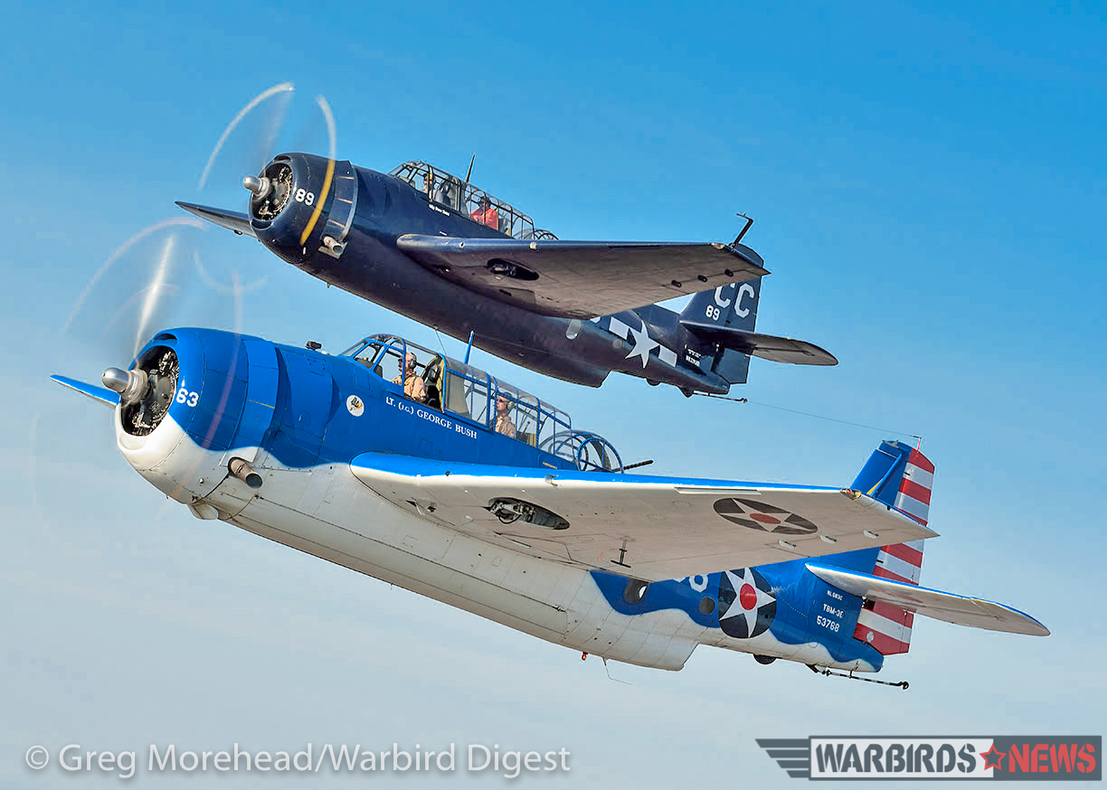 TBM Gathering - 90 Tons of Turkeys Invade Illinois 17 A pair of TBM's tuck in close to the camera ship. Tom Buck's TBM-3U Bu.53768 is in the foreground, while the Yaggie's TBM-3E Bu.53829 is above. (photo by Greg Morehead, courtesy of Warbird Digest magazine)