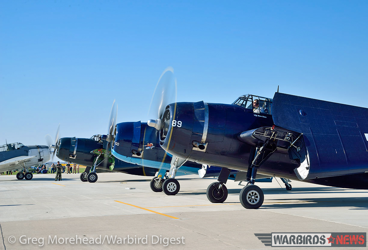 TBM Gathering - 90 Tons of Turkeys Invade Illinois 13 TBM's warming up prior to a formation flight. (photo by Greg Morehead, courtesy of Warbird Digest magazine)