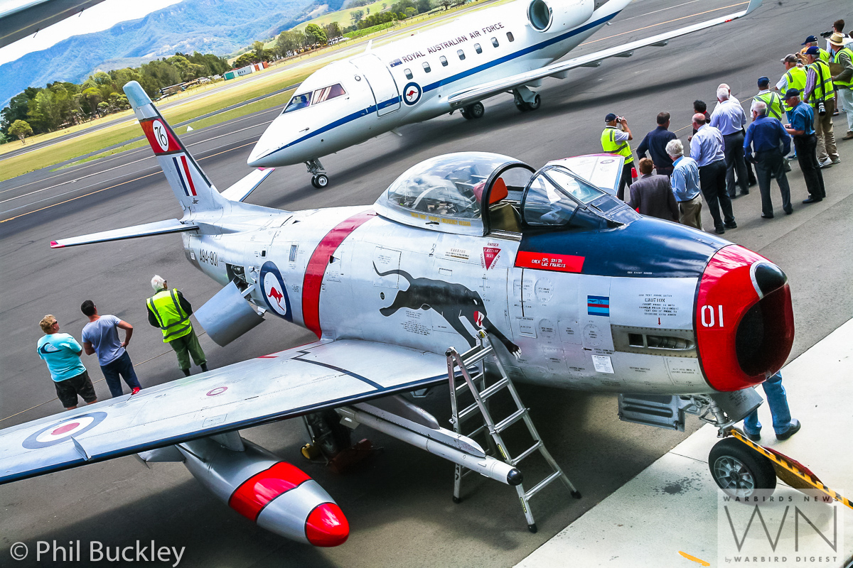 Former RAAF Lockheed Orion Officially Handed Over to HARS 36 The HARS Sabre A94-901 in the foreground as Chief of Air Force Davies gets ready to depart in his Challenger. Interestingly, this CAC-built Sabre is the very first example to fly with the RAAF. (photo by Phil Buckley)