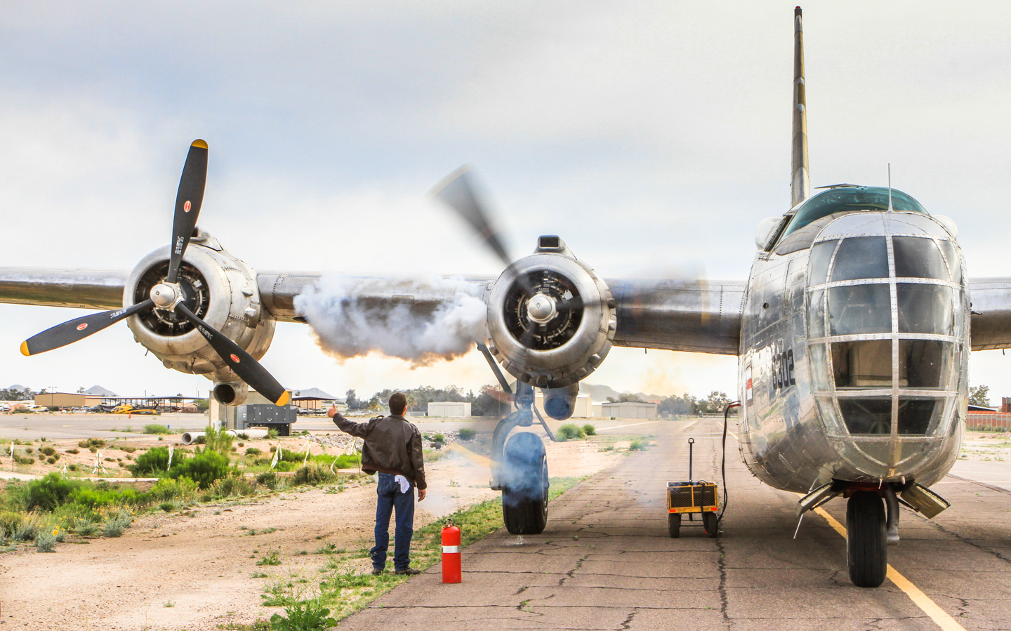 Privateer Airborne 46 Engine #3 coughs to life prior to the first test flight on February 20th. (GossHawk Unlimited photo)