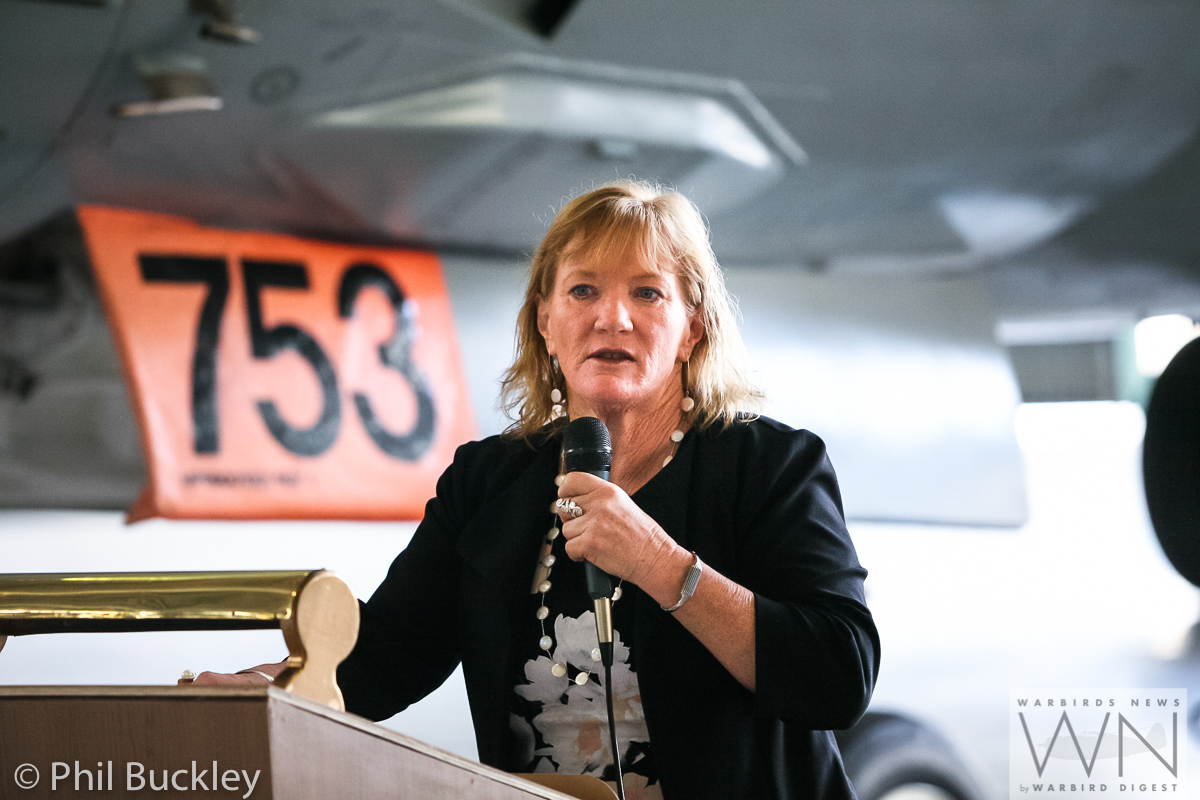 Former RAAF Lockheed Orion Officially Handed Over to HARS 14 Mayor of Shellharbour, Marianne Saliba speaking during the Orion's handover. (photo by Phil Buckley)