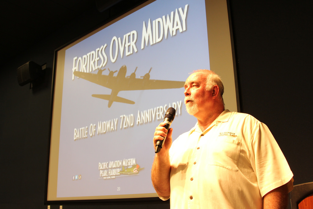 “FORTRESS OVER MIDWAY” At Pacific Aviation Museum Pearl Harbor 11 Pacific Aviation Museum curator Burl Burlingame during his presentation.