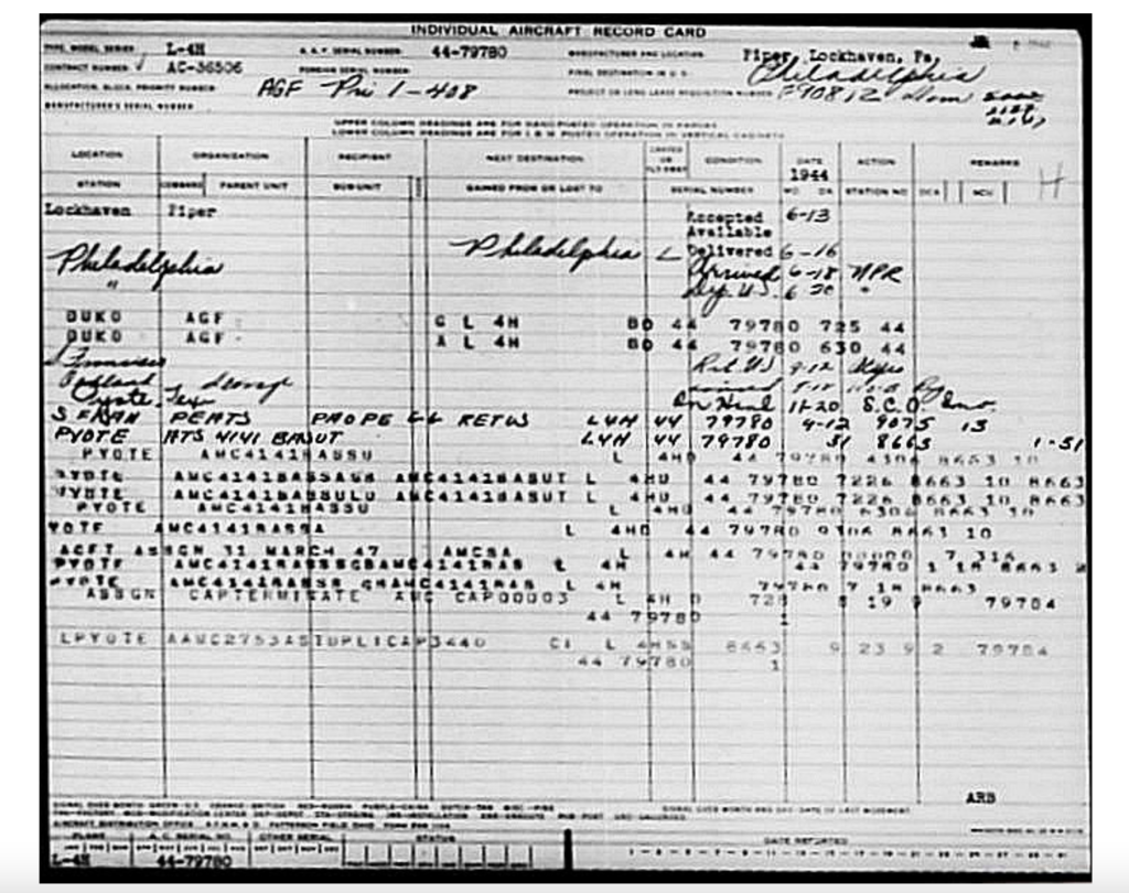 Aircorps Aviation's Newest Restoration Project, The Piper L-4H Grasshopper 12 Individual Aircraft Record Card courtesy of Air Force Historical Research Agency microfilm reel ACR 111