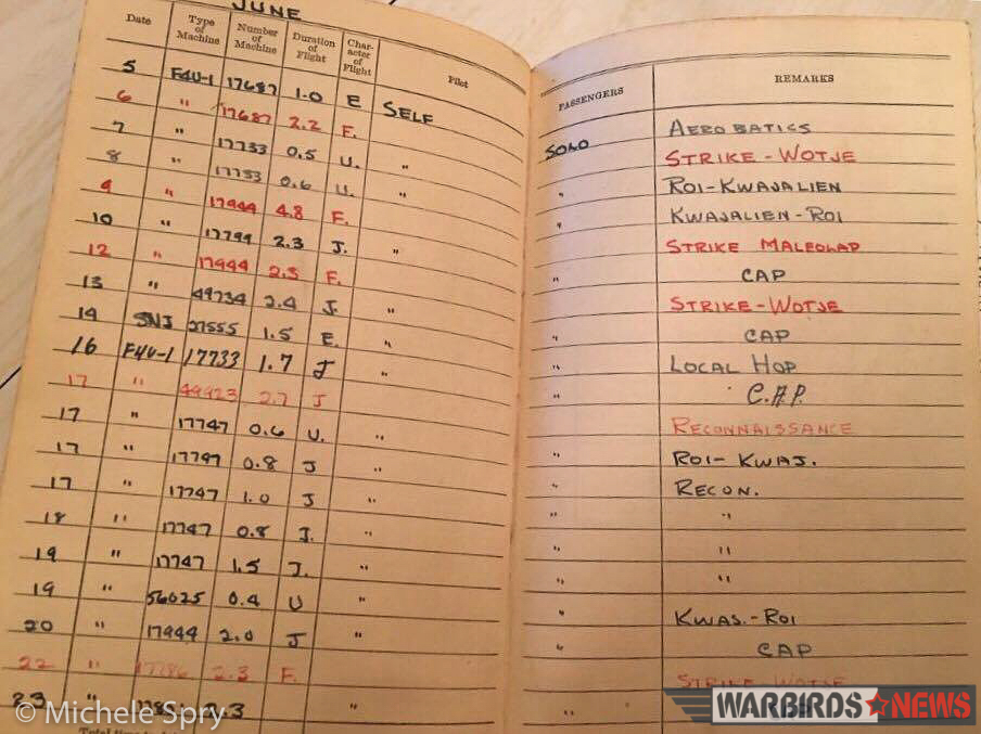 Planes of Fame Air Museum's F4U-1A Corsair Is a Combat Veteran! 17 John Tashjian log book showing his June 10th, 1944 Combat Air Patrol mission in 17799 with VMF-441. (photo via POF)